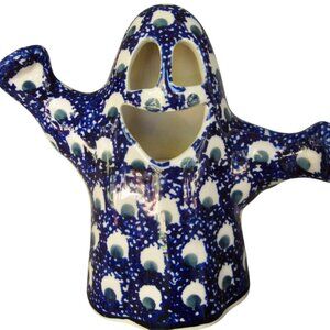 Polish Pottery Ghost Candle Holder Luminary Blue & White Handmade HALLOWEEN
